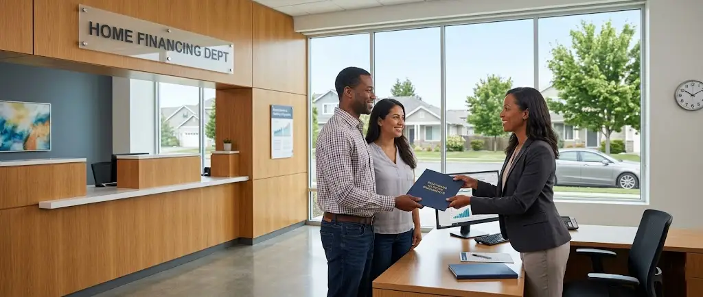 A U.S. family successfully securing an approved home loan from a premier mortgage lender.