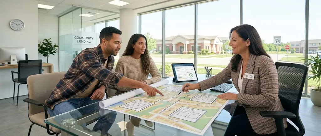 A diverse U.S. couple discussing mortgage loans near me and local US neighborhood financing options with an American loan officer.