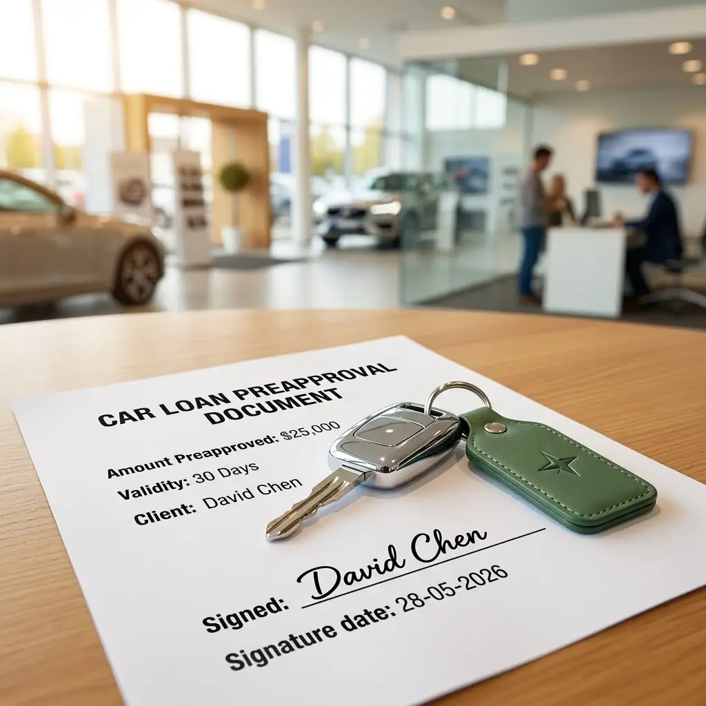 A car key resting on an approved bad credit auto loan contract.